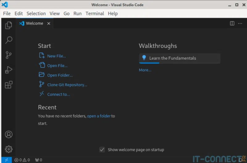 Vue de démarrage de VS Code.