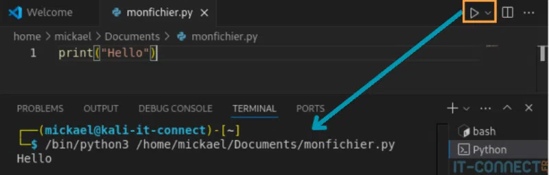 Exécution du code Python édité via le bouton “Run” de VS Code.