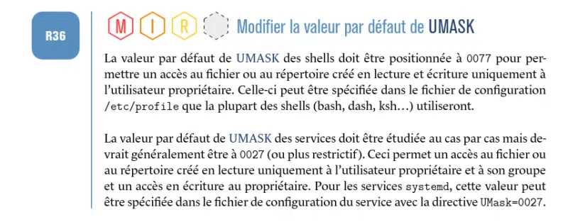 Contenu de la Recommandation 36 du guide de l’ANSSI sur le durcissement d’un OS Linux.