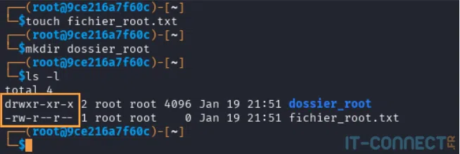 Permissions par défaut d’un fichier et dossier créés par l’utilisateur privilégié "root".