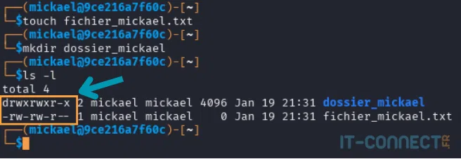 Permissions par défaut d’un fichier et dossier créés par un utilisateur non privilégié.