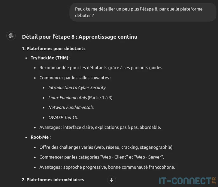 Exemple de détails et exemples fournis par ChatGPT pour s’entrainer au pentest.