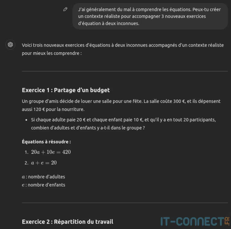 Exemple de scénario concret proposé par ChatGPT autour d’un exercice de mathématique.