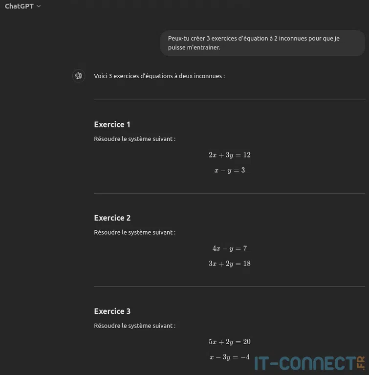Exemple d’exercices pratiques de mathématique fournis par une IA.