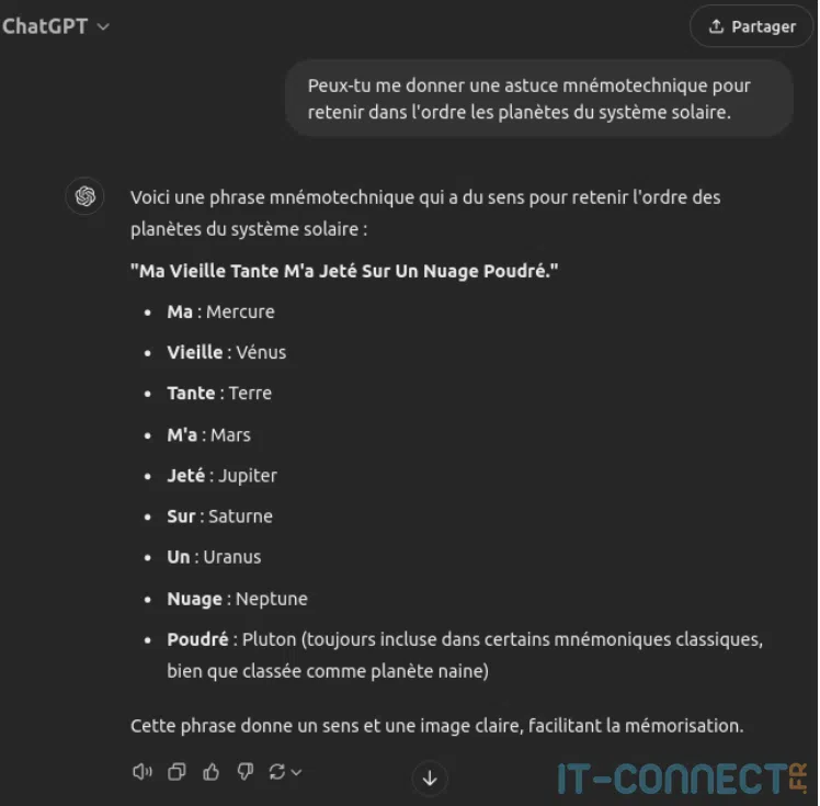 Réponse de ChatGPT pour proposer des astuces mnémotechniques sur le nom et l’ordre des planètes.
