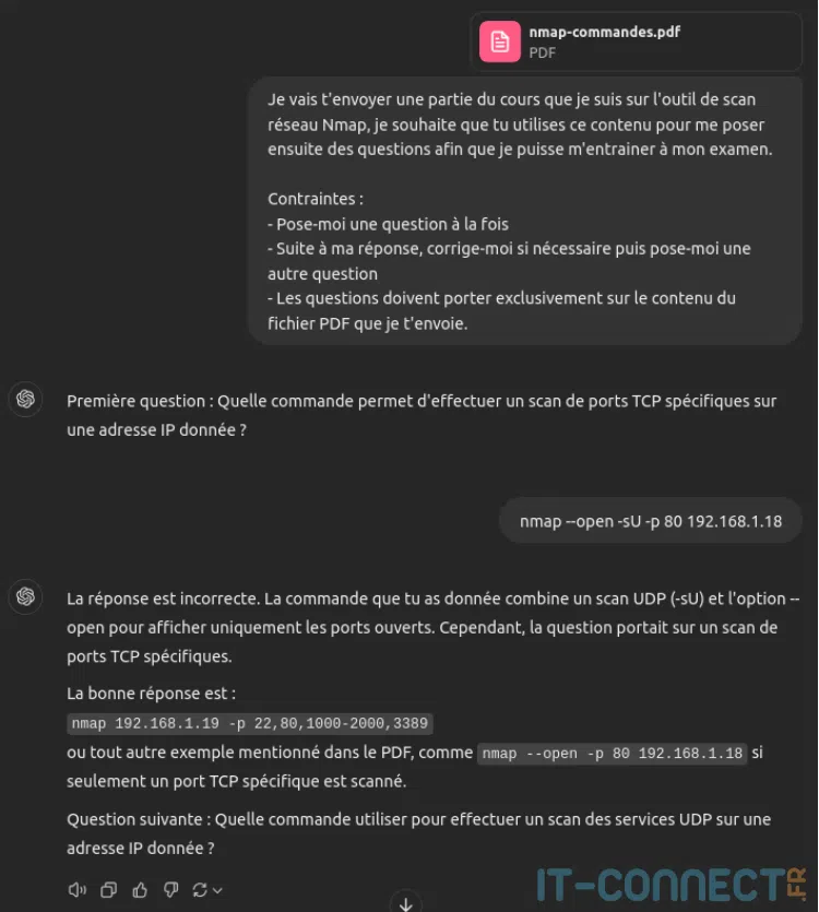 Exemple de questions réponses autour à propos d’un cours fournis à ChatGPT.