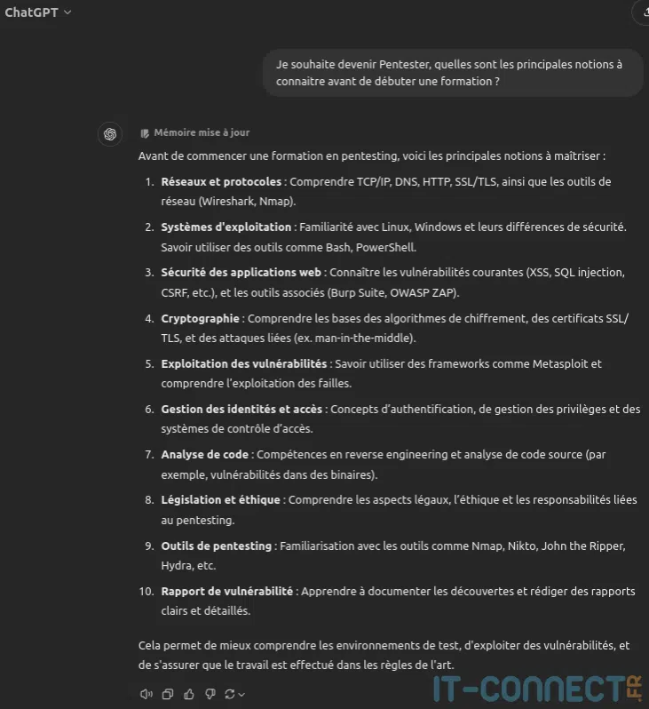Réponse de ChatGPT des différentes notions à maitriser pour apprendre le pentest.