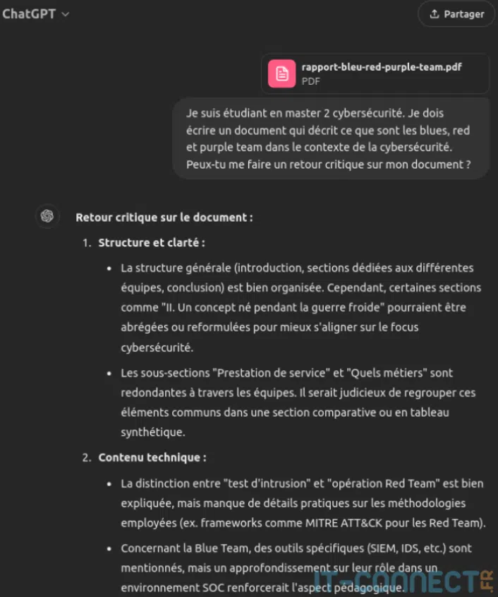 Exemple de retour critique d’un LLM sur un contenu.