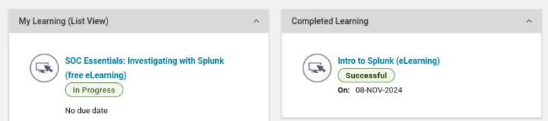 Modules des cours gratuits Splunk complétés en complémente de la formation CDSA.