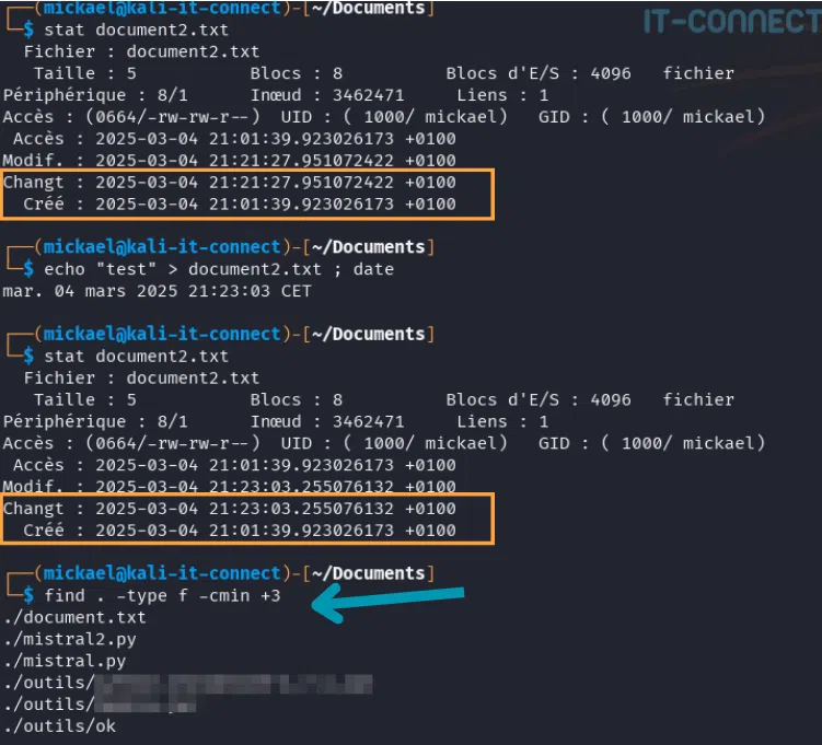 Démonstration de l’option -cmin (ou -ctime) pour la date de changement de statut.