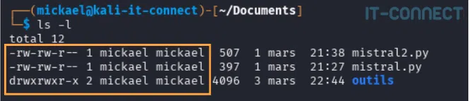 Affichage des attributs “classiques” des fichiers sous Linux via la commande ls.