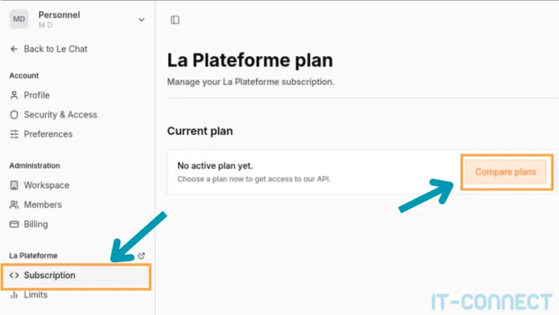 Accès aux plans de souscription sur La Plateforme de Mistral AI.
