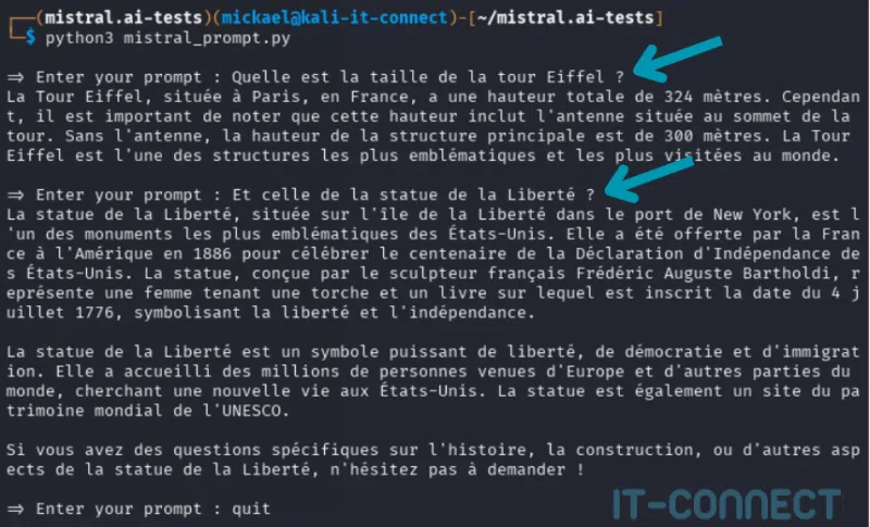 Exemple d’utilisation d’un script python interactif pour discuter avec le LLM de Mistral AI