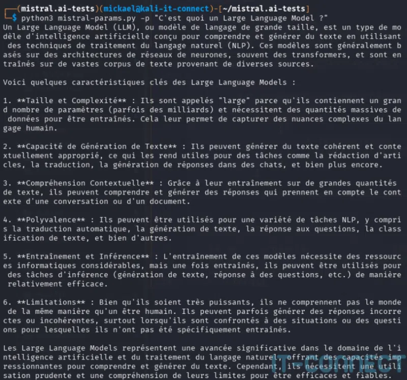 Utilisation de l’API Mistral AI en Python avec un prompt passé en paramètre.
