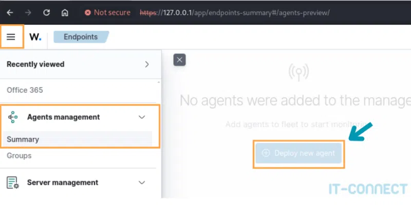 Page de déploiement d’un nouvel agent Wazuh.