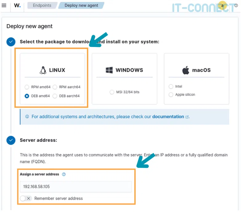 Préparation du téléchargement de l’installateur Debian de l’agent Wazuh.