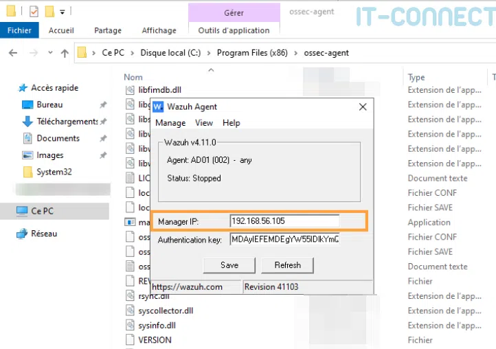 Renseignement de l'adresse IP du serveur Wazuh.