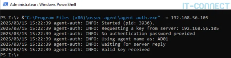 Demande d’une clé d’enregistrement au serveur Wazuh.