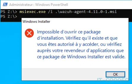 Erreur rencontrée lors de l’installation de l’agent Wazuh non signé.