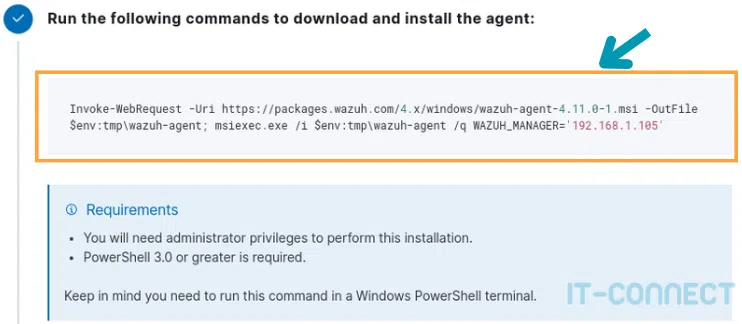 Ligne de commande de téléchargement et installation de l’agent Wazuh sous Windows.