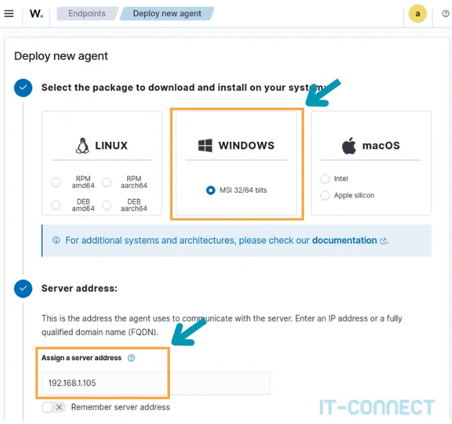 Paramétrage du déploiement d’un nouvel agent Wazuh pour Windows.