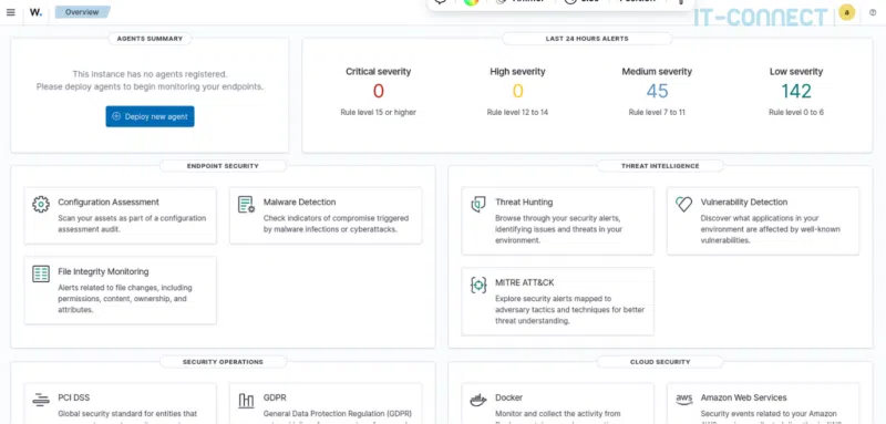 Page d’accueil de l’interface de gestion et d’administration Wazuh.