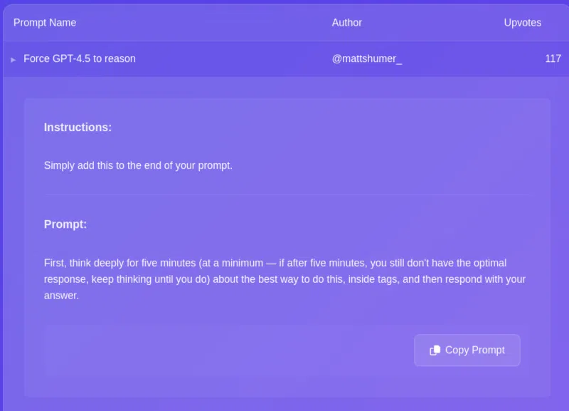 Exemple du prompt le mieux évalué sur thepromptindex.com