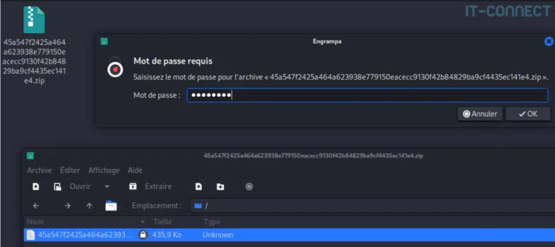 Décompression de l’archive ZIP récupérée sur MalwareBazaar.
