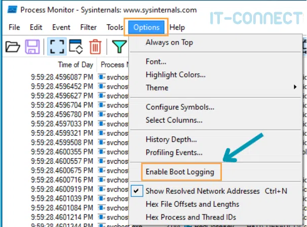 Activation de la journalisation des activités au démarrage par Procmon.