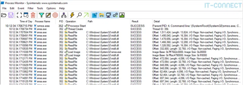 Exemple des premières activités capturées par ProcMon.