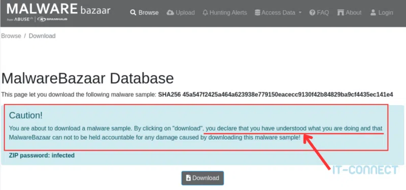 Avertissement Malware Bazaar lors du téléchargement d’un échantillon malveillant.
