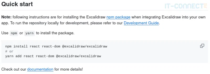Extrait de la documentation du dépôt Github (https://github.com/excalidraw/excalidraw)