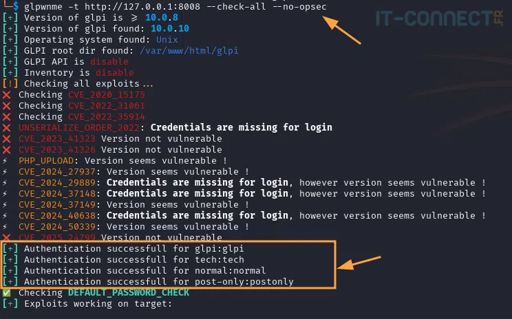 Audit non opsec de GLPI via glpwnme, sans identifiants.