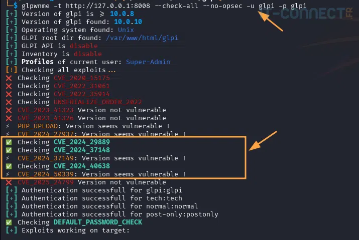 Audit non opsec de GLPI via glpwnme, avec identifiants.
