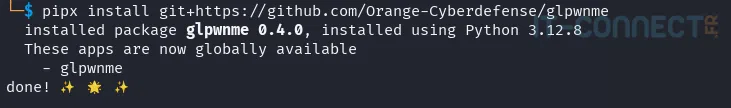 Installation réussie de glpwnme via pipx.