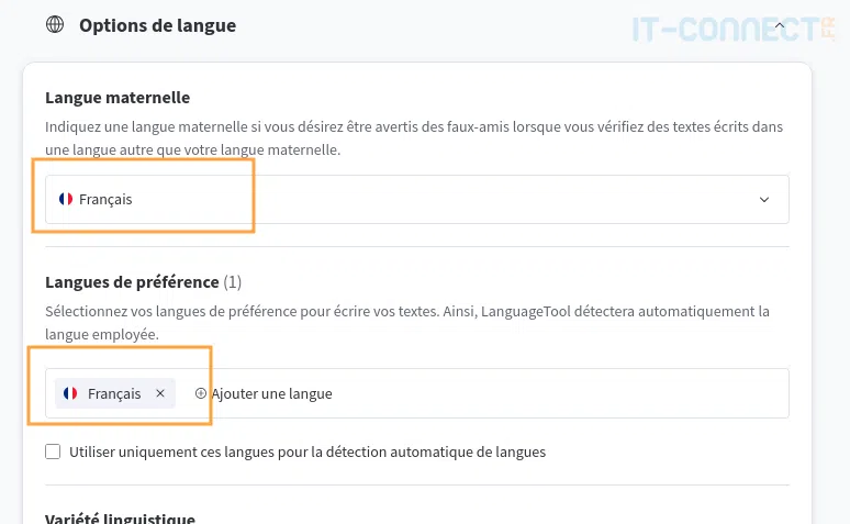 Paramétrage des langues prisses en charge par LanguageTool.