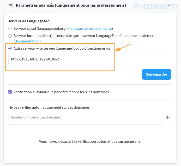 Paramétrage du serveur LanguageTool dans la configuration du plugin.