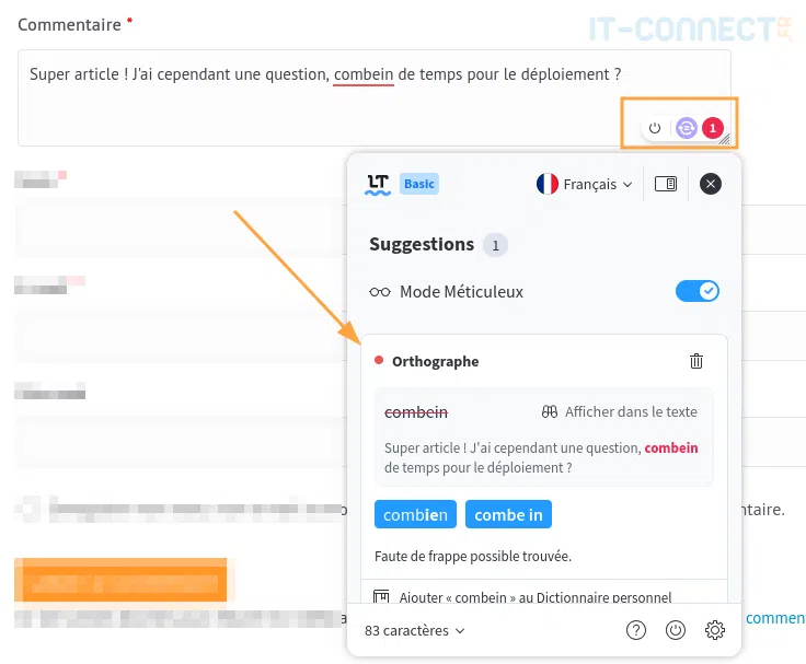 Présence de la fenêtre LanguageTool dans un formulaire web.