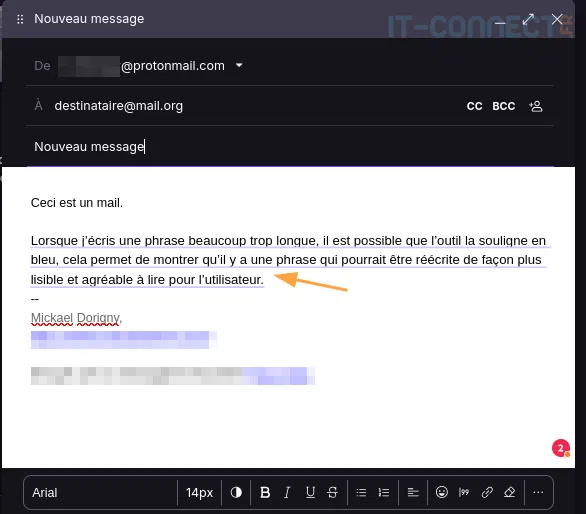 Signalement d'une phrase trop longue dans un mail par LanguageTool.