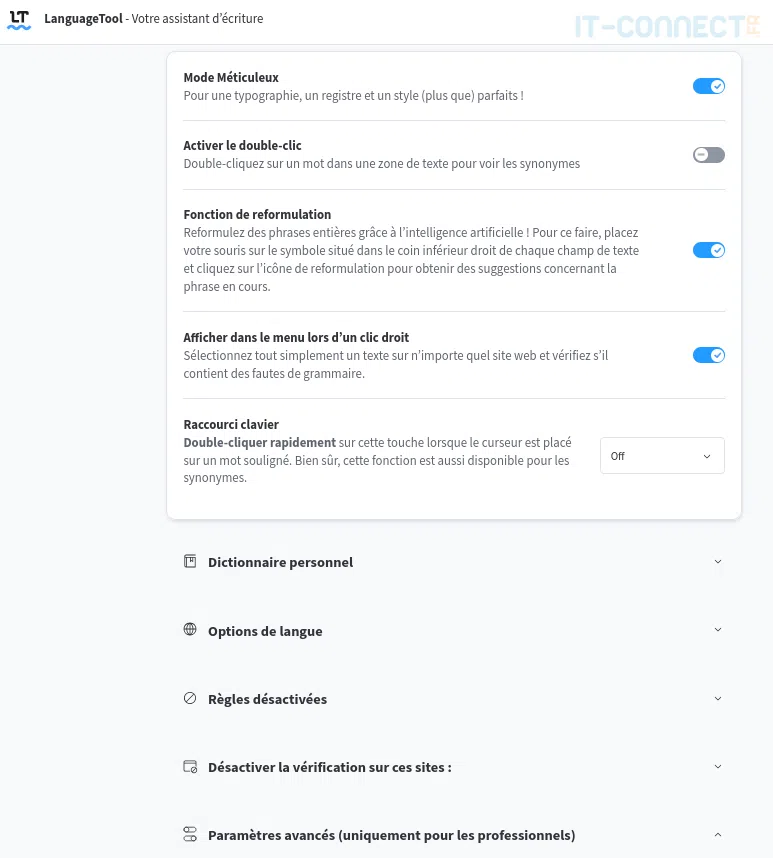 Extrait de quelques-uns des options du plugin LanguageTool.