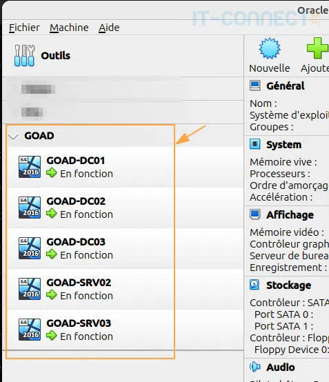 Vue des 5 machines GOAD déployées et en fonction dans VirtualBox.