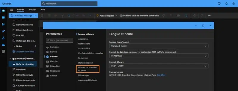 New Outlook - Fichiers de données PST - Options