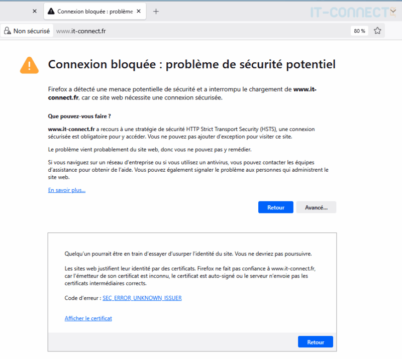 Avertissement de sécurité relatif à HSTS.