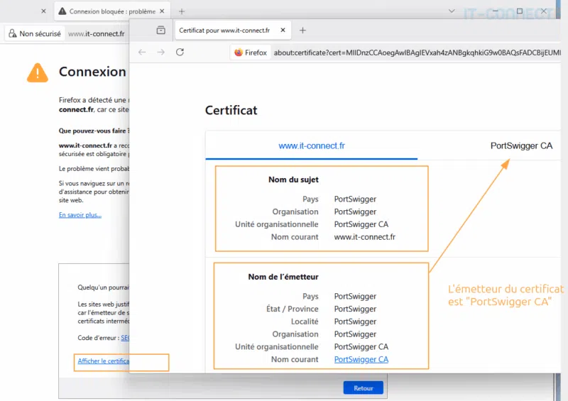 Visualisation du certificat du site www.it-connect.fr lors de l'utilisation d'un proxy local.