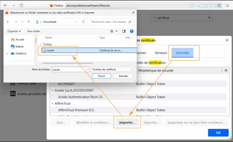 Ajout d'une nouvelle autorité de certification dans Firefox.
