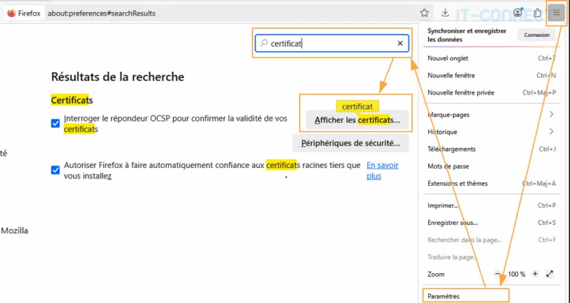 Accès à la gestion des autorités de certification dans Firefox.