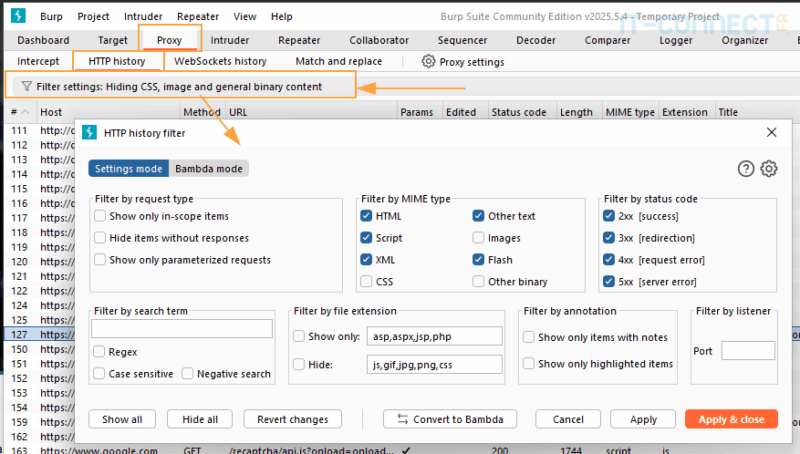 Accès au filtre des échanges de l'HTTP history.