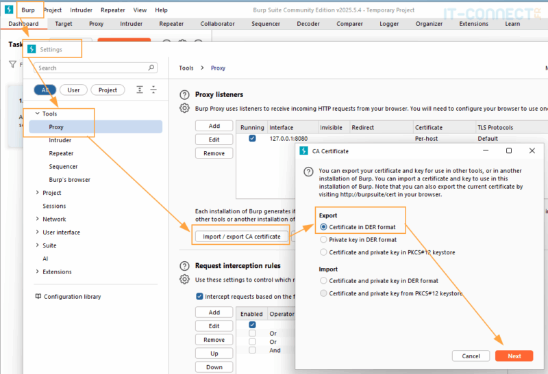 Récupération du certificat de la CA BurpSuite depuis BurpSuite.