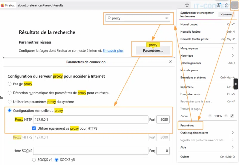 Paramétrage du proxy local dans le navigateur web Firefox.