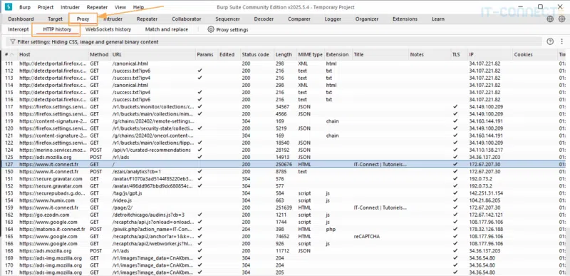 Accès à la fonctionnalité HTTP history du Proxy BurpSuite.